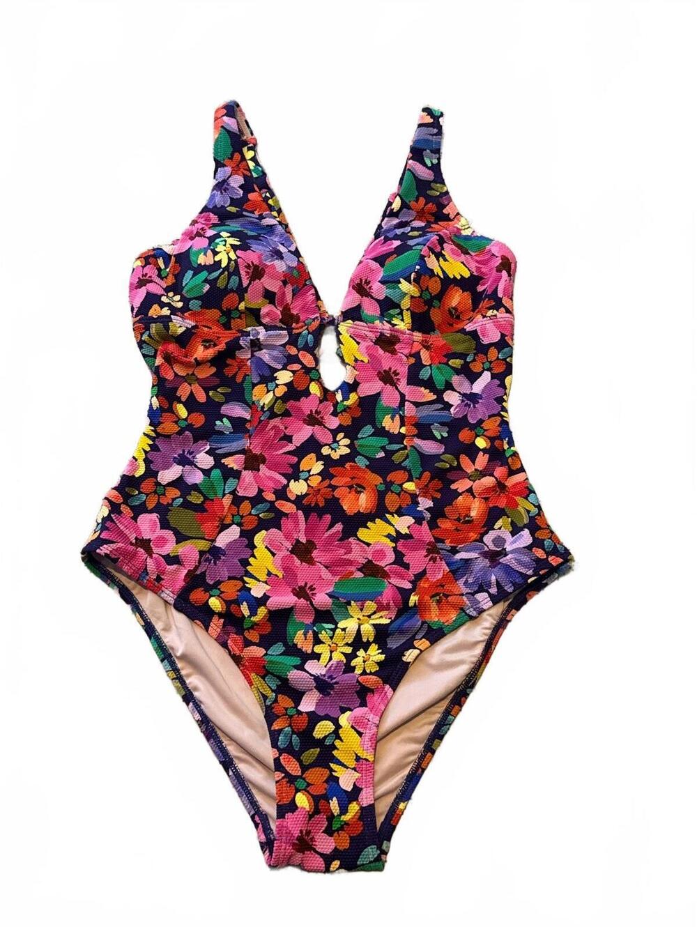 NWT Cupshe Women One Piece Swim M Floral Pique O-Ring Back Cutout Bathing Suit